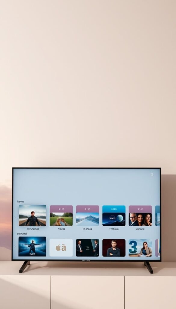 A minimalistic, well-organized IPTV box user interface designed by Hoxtoon Provider. The foreground displays a clean grid layout of popular live TV channels, each with a clear thumbnail and title. The middle ground showcases a side menu for easy navigation through different content categories, such as movies, TV shows, and on-demand streaming. The background features a subtle, blurred landscape with a soft, warm color palette, creating a calming and inviting atmosphere. The interface utilizes a modern, flat design with intuitive iconography and a focus on user-friendliness and content discovery. Lighting is natural and diffused, with a slightly cinematic quality, captured at a medium-wide angle to provide a comprehensive view of the user experience.