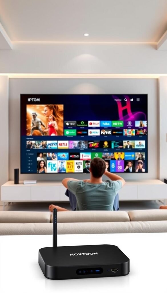 A modern and immersive IPTV streaming setup with a wide array of entertainment options. The scene features a sleek and minimalist living room, with a large flatscreen TV taking center stage. The TV display showcases the extensive channel selection of the "Hoxtoon Provider", with a vibrant and dynamic user interface. In the foreground, a high-end streaming device, such as a smart TV box or HDMI dongle, is prominently displayed, reflecting the advanced technology powering the IPTV experience. The middle ground depicts a comfortable sofa, where a person is relaxed and engaged, fully immersed in the vast content library. The background incorporates subtle lighting and elegant decor, creating a welcoming and sophisticated atmosphere. The overall composition conveys the idea of a seamless, feature-rich IPTV service that caters to the diverse entertainment needs of the modern viewer.