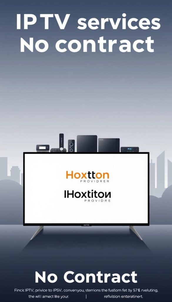 A modern and minimalist illustration of IPTV services with no contract. In the foreground, a sleek and minimalist television set displays the Hoxtoon Provider logo, representing the IPTV service. The middle ground features various streaming device icons, symbolizing the flexibility and accessibility of IPTV. The background showcases a minimalist cityscape, hinting at the global reach and technological advancements that enable IPTV services. The overall scene conveys a sense of convenience, freedom, and the evolution of television entertainment, in line with the article's subject and section title.