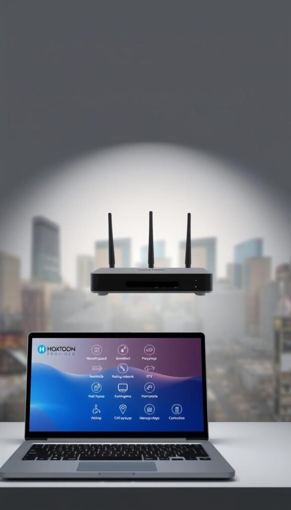 A modern and minimalist illustration of the technical requirements for an IPTV internet service. In the foreground, a laptop display shows the Hoxtoon Provider branding and interface, with clear icons and information about network speed, bandwidth, and connectivity. In the middle ground, a router and modem setup symbolize the necessary hardware. The background features a blurred cityscape, representing the broader internet infrastructure. The scene is illuminated by a soft, directional light, creating a clean and professional atmosphere.