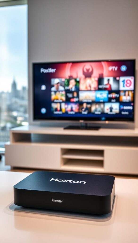 A modern and minimalist image of an IPTV service in Germany. In the foreground, a sleek, black set-top box with the "Hoxtoon Provider" branding prominently displayed. The device is placed on a clean, white surface, casting subtle shadows. In the middle ground, a flat-screen television displays a vibrant, high-definition interface showcasing various IPTV channels and content. The background features a blurred, but recognizable, cityscape of a major German metropolitan area, hinting at the widespread availability and adoption of IPTV services in the country. The overall scene is illuminated by soft, directional lighting, creating a sense of sophistication and technological advancement.