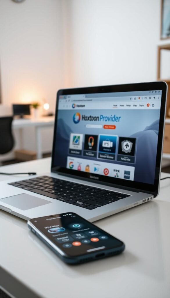 A modern and minimalist setup for an IPTV trial, showcasing a laptop display with the Hoxtoon Provider website and a smartphone displaying the IPTV app interface. The workspace is well-lit, with a soft, diffused lighting highlighting the technology. The laptop and smartphone are arranged on a clean, uncluttered desk, creating a professional and organized atmosphere. The background features a blurred, out-of-focus view of a home office or workspace, conveying a sense of a dedicated setup for the IPTV trial. The overall image reflects the step-by-step process of setting up an IPTV trial account with the Hoxtoon Provider.