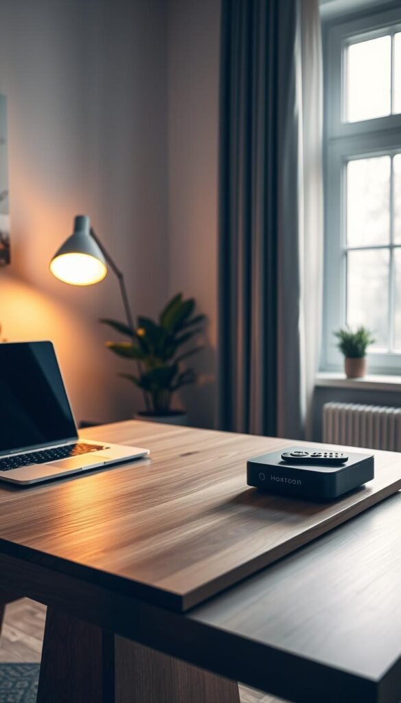 A modern and minimalist setup guide for Hoxtoon IPTV service in Germany. The scene depicts a well-lit home office, with a laptop, remote control, and a sleek IPTV set-top box prominently displayed on a stylish wooden desk. Soft, warm lighting filters through a large window, creating a cozy and inviting atmosphere. In the background, subtle technology-inspired patterns and textures evoke the digital nature of the IPTV service. The overall composition and color palette convey a sense of professionalism, ease, and reliability associated with the Hoxtoon IPTV provider.