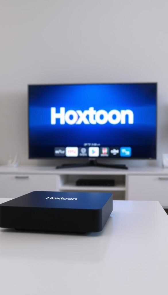 A modern and minimalist setup of the Hoxtoon IPTV provider. In the foreground, a sleek black set-top box sits atop a clean, white entertainment unit. The device's LED indicator glows softly, signaling its readiness. In the middle ground, a high-definition television displays the Hoxtoon logo and interface, showcasing the service's intuitive user experience. The background features a subtle gradient, creating a sense of depth and a sophisticated ambiance. The overall scene conveys a streamlined, technologically advanced setup, ready to deliver a seamless IPTV experience.