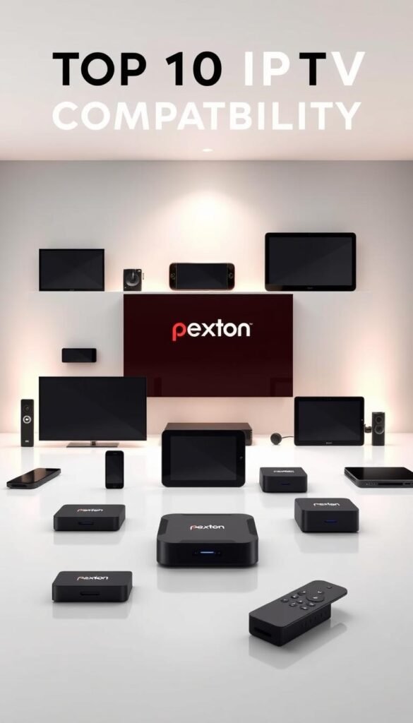 A modern and sleek device compatibility display showcasing the Hoxtoon Provider service. In the foreground, a minimalist grid layout features a range of devices including smart TVs, smartphones, tablets, and streaming boxes, each highlighted with crisp, realistic 3D renders. The middle ground features a clean, white backdrop with subtle gradients, creating a sense of depth and emphasis on the featured products. In the background, a soft, ethereal lighting effect casts a warm, inviting glow, complementing the high-tech aesthetic. The overall composition conveys a sense of seamless integration and compatibility, perfectly aligning with the "Top 10 IPTV Services for Every Device" theme.
