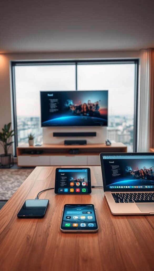 A modern and sleek living room setting, with a large flat-screen TV mounted on the wall. In the foreground, multiple electronic devices are displayed - a smartphone, a tablet, and a laptop, all connected and synced, showcasing the "Hoxtoon Provider" multi-device support capabilities. The devices are arranged neatly on a minimalist wooden table, with clean lines and a neutral color palette. The lighting is soft and warm, creating a cozy and inviting atmosphere. The background features a large window overlooking a cityscape, with a glimpse of the urban landscape outside. The overall scene conveys a sense of technological integration, seamless connectivity, and the convenience of accessing content across multiple devices.