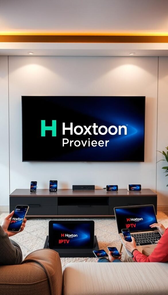 A modern and sleek living room setting with a large, high-definition TV as the focal point. On the screen, the Hoxtoon Provider logo is prominently displayed, signifying the IPTV service. Surrounding the TV are various devices, such as smartphones, tablets, and laptops, all connected and streaming content simultaneously. The room is well-lit with a combination of natural and ambient lighting, creating a cozy and inviting atmosphere. The overall scene conveys the idea of seamless multi-device support and the convenience of accessing IPTV content across multiple platforms.