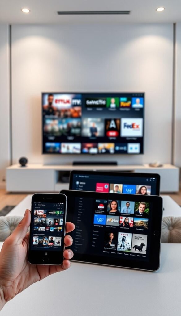 A modern and sleek multi-device IPTV setup by Hoxtoon Provider. In the foreground, a smartphone and a tablet display the same content, showcasing seamless cross-device compatibility. In the middle ground, a smart TV and a laptop screen present a range of IPTV channels and on-demand programming. The background features a minimalist, well-lit home entertainment space with clean lines and neutral tones, emphasizing the versatility and integration of the Hoxtoon IPTV system. The scene conveys a sense of convenience, technology, and a premium user experience.