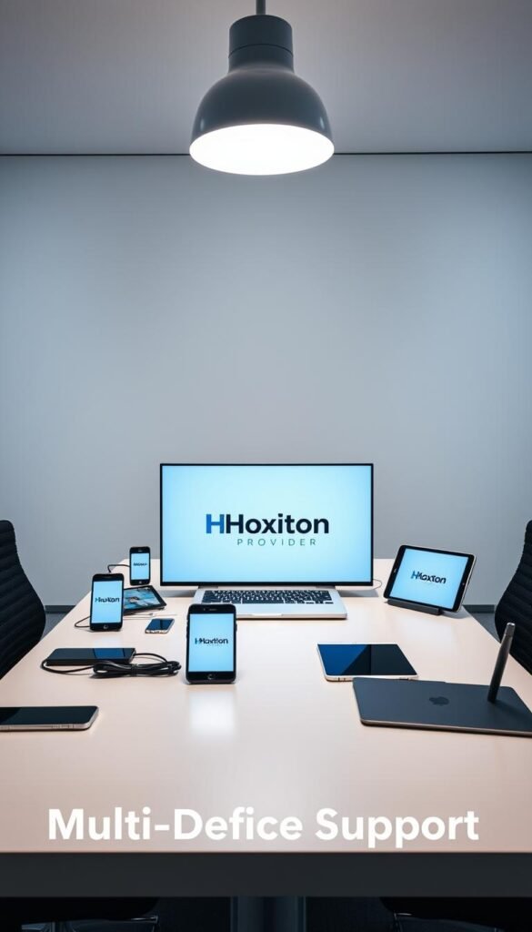 A modern and sleek office setting, with a large desk showcasing multiple electronic devices - smartphones, tablets, and a laptop - all connected and seamlessly working together. The Hoxtoon Provider logo is prominently displayed on the laptop screen, highlighting its multi-device support capabilities. Soft, diffused lighting from overhead illuminates the scene, creating a professional and productive atmosphere. The background features a minimalist, white-walled design, allowing the technology to take center stage. The composition emphasizes the ease and convenience of accessing IPTV content across a variety of devices, reflecting the "Multi-Device Support" section of the article.