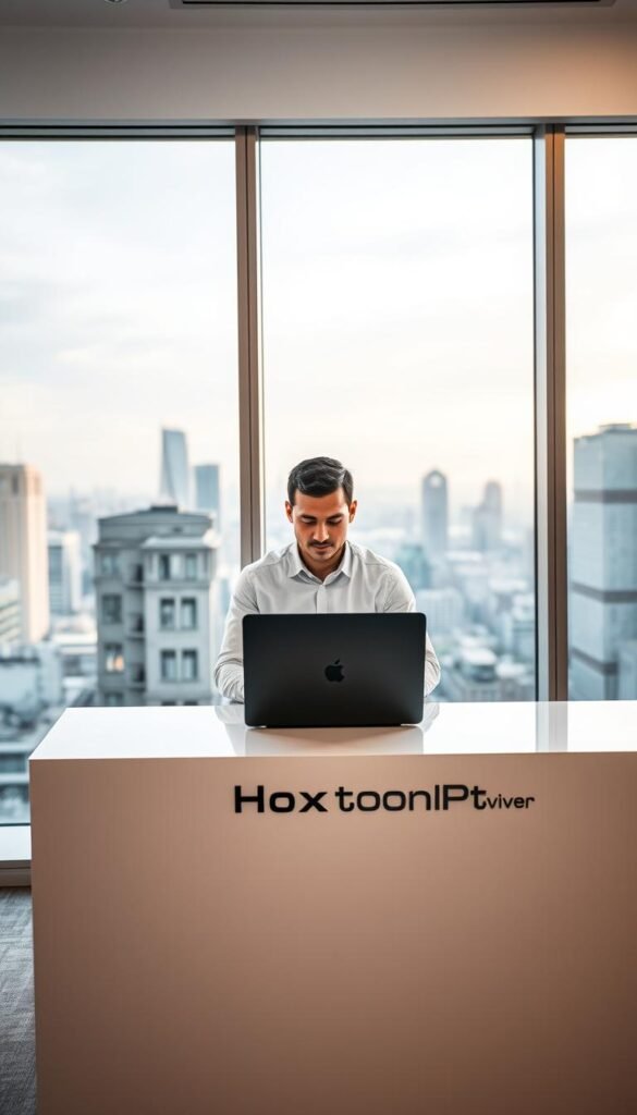 A modern and sleek office setting, with a large, well-lit window overlooking a bustling city skyline. In the foreground, a professional-looking individual, dressed in a crisp, white button-down shirt and gray slacks, is seated at a clean, minimalist desk, intently focused on a laptop screen. The desk is adorned with a discreet "Hoxtoon Provider" logo, conveying a sense of authority and reliability. Subtle ambient lighting from the window creates a warm, inviting atmosphere, while the clean lines and neutral tones of the interior design exude a sense of professionalism and trustworthiness. The overall scene suggests a reputable, well-established IPTV service provider, catering to discerning customers with a sophisticated, modern aesthetic.