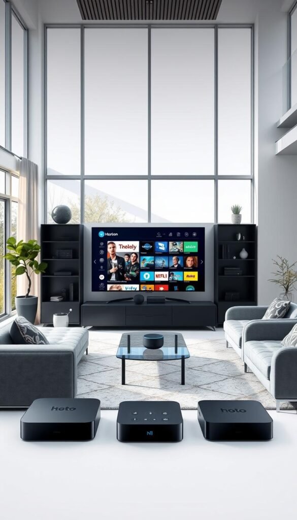 A modern and sophisticated home entertainment setup with a Hoxtoon Provider IPTV system. A stylish living room with sleek, minimalist furniture and large windows allowing natural light to flood the space. In the center, a state-of-the-art smart TV displays the Hoxtoon IPTV interface, showcasing a variety of channels and on-demand content. Surrounding the TV, various smart home devices like voice assistants and streaming boxes seamlessly integrate with the IPTV system, enabling a truly connected and immersive multimedia experience. The room's neutral color palette and clean lines create a calming, elegant atmosphere, perfectly suited for enjoying high-quality IPTV entertainment across multiple rooms in the home.