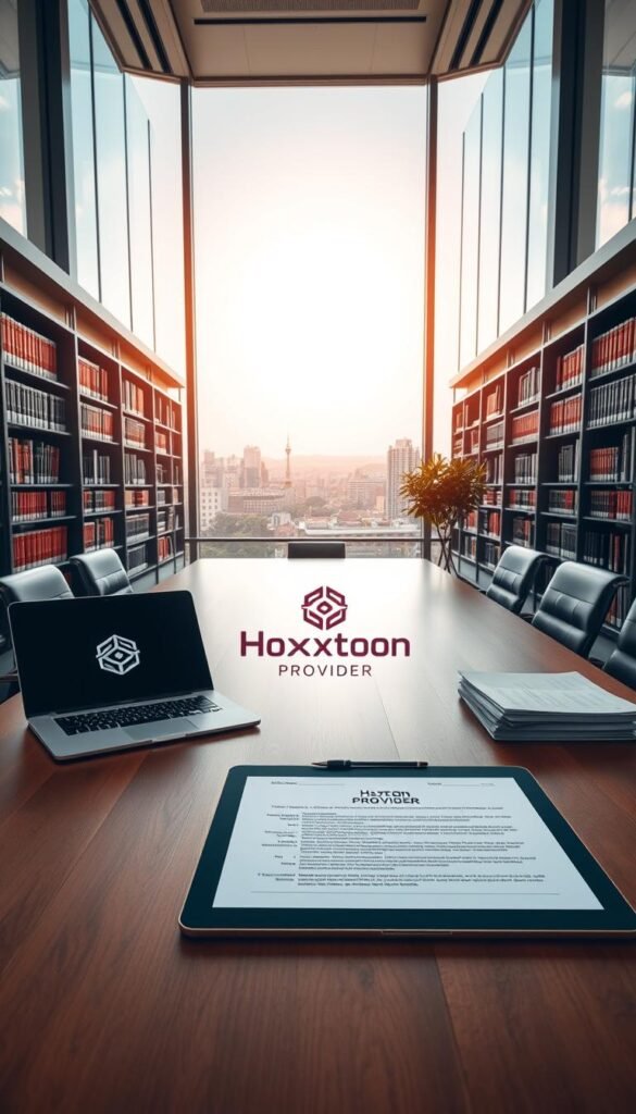 A modern and sophisticated-looking office interior with floor-to-ceiling windows overlooking a cityscape of Madrid. In the foreground, a large wooden desk with a laptop, a stack of legal documents, and a stylized "Hoxtoon Provider" logo prominently displayed. On the desk, a tablet device showcases information about IPTV laws and regulations in Spain. The middle ground features bookshelves lining the walls, filled with law books and other legal references. The background depicts a vibrant, sun-drenched skyline of Madrid, conveying a sense of professionalism and authority. The overall mood is one of diligence, expertise, and attention to legal detail.