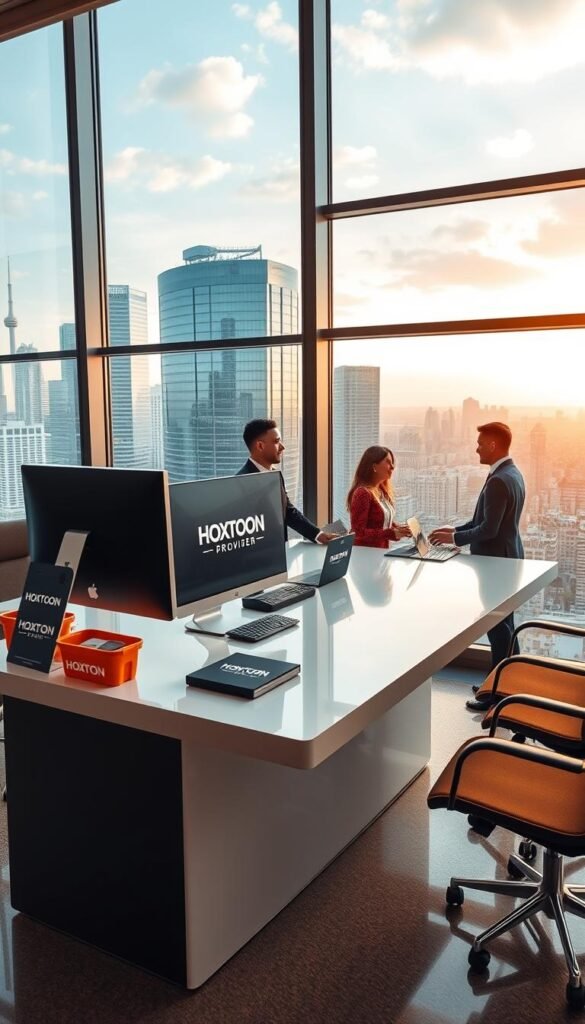 A modern and stylish office interior with a large window overlooking a bustling city skyline. In the foreground, a sleek, minimalist desk with a state-of-the-art computer setup and branded "Hoxtoon Provider" merchandise prominently displayed. The middle ground features a team of friendly, attentive customer service representatives assisting clients, conveying a sense of professionalism and reliability. The background is bathed in warm, natural lighting, creating a welcoming and trustworthy atmosphere. The overall scene exudes a confident, high-quality Canadian IPTV service that prioritizes customer satisfaction.