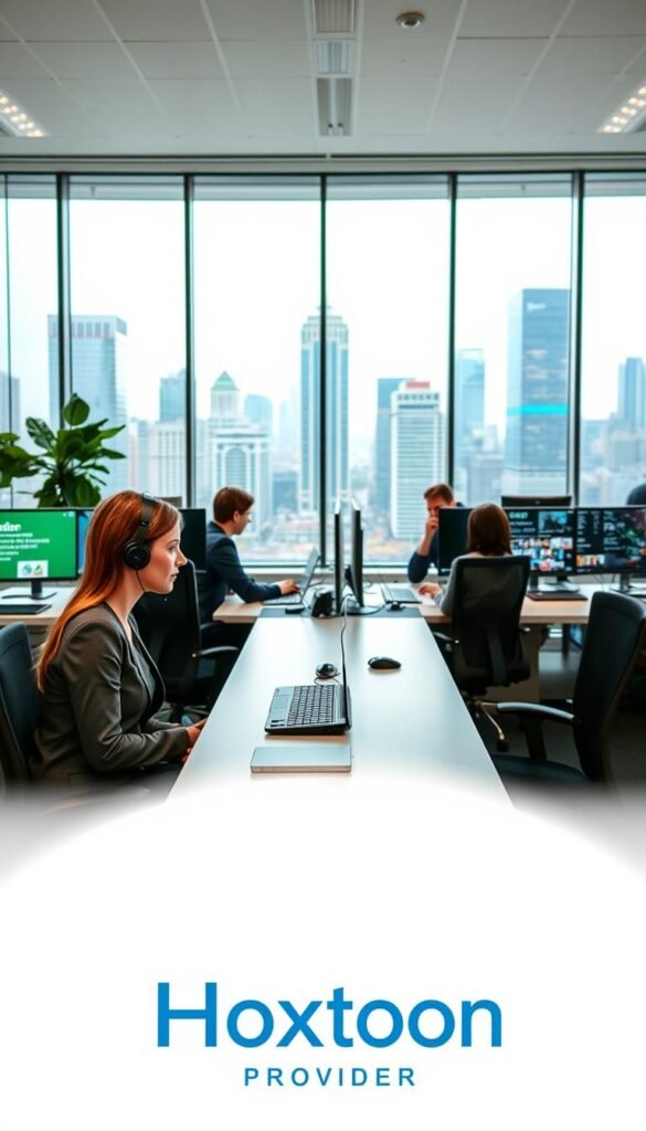 A modern and well-equipped IPTV customer support office. In the foreground, a customer service representative wearing a professional headset and sitting at a sleek, minimalist desk. The middle ground features several colleagues collaborating on laptops, surrounded by displays monitoring network status and customer inquiries. The background showcases a large, bright window overlooking a bustling city skyline, creating a sense of professionalism and efficiency. Soft, diffused lighting washes over the scene, conveying a calming, approachable atmosphere. The Hoxtoon Provider logo is prominently displayed, reflecting the reliable and responsive nature of the IPTV service.