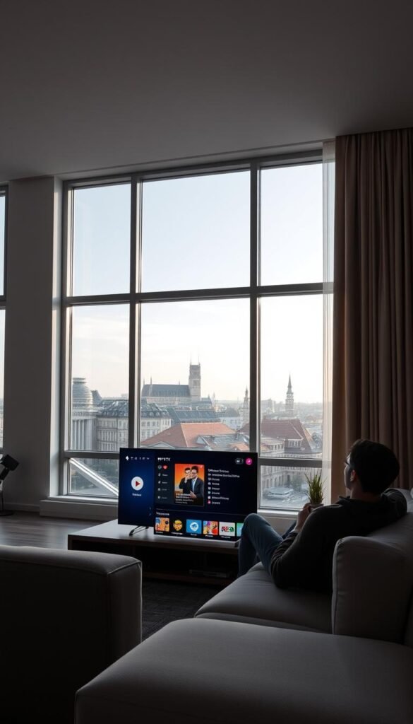 A modern apartment interior with a sleek smart TV display showcasing the Hoxtoon Provider IPTV service interface. The living room features large windows flooding the space with natural light, complemented by minimalist furniture and neutral tones. In the foreground, a person is relaxing on the couch, interacting with the IPTV menu on the screen, which displays a wide selection of live TV channels and on-demand content. The middle ground depicts German cityscapes visible through the windows, hinting at the geolocation and regional benefits of the IPTV service. The background incorporates subtle visual cues alluding to the technological advancements and convenience of IPTV in Germany.