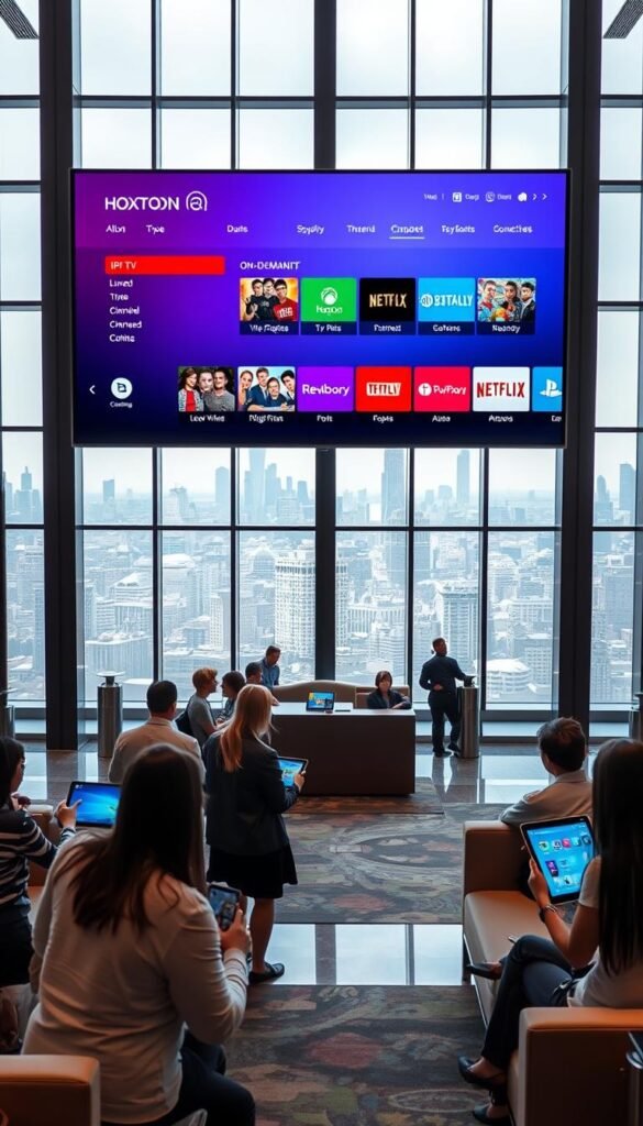 A modern hotel lobby with a large LED screen showcasing the Hoxtoon Provider IPTV service. The screen displays a sleek user interface with various entertainment options, live TV channels, and on-demand content. In the foreground, a group of hotel guests are interacting with tablets, accessing the IPTV system. The middle ground features comfortable seating areas and a concierge desk, creating a welcoming atmosphere. The background depicts floor-to-ceiling windows, allowing natural light to flood the space and providing a scenic view of the city skyline. The overall scene conveys a sense of technology-driven hospitality and a premium guest experience.
