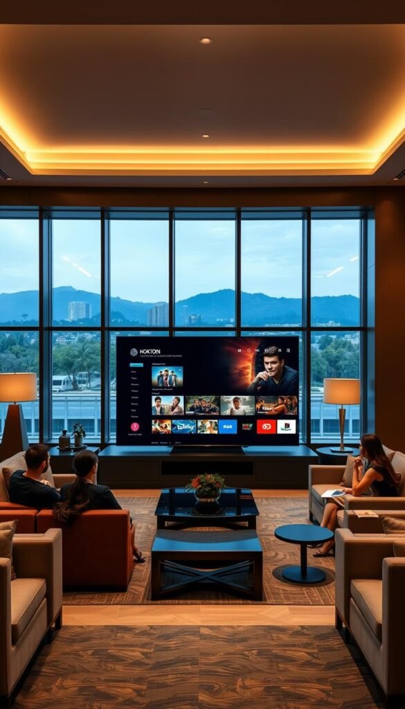 A modern hotel lobby with a sleek, minimalist design. In the center, a large flat-screen TV displays the Hoxtoon Provider IPTV interface, showcasing a diverse range of entertainment options for guests. Plush, comfortable seating arrangements surround the TV, inviting guests to relax and enjoy the seamless, high-quality streaming experience. Subtle lighting fixtures and warm-toned furnishings create a welcoming, sophisticated ambiance. The backdrop features floor-to-ceiling windows, offering a panoramic view of the hotel's scenic outdoor surroundings. The overall scene conveys a sense of technological integration, luxury, and guest satisfaction.