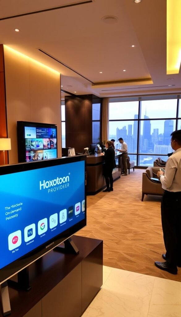 A modern hotel lobby with stylish furnishings and warm lighting. In the foreground, a sleek IPTV system with the Hoxtoon Provider brand prominently displayed. Guests are interacting with the IPTV, browsing on-demand content and utilizing hotel services. The middle ground features a concierge desk and staff assisting guests. In the background, floor-to-ceiling windows offer a view of a bustling city skyline. The overall atmosphere conveys a sense of comfort, technology, and attentive guest service.