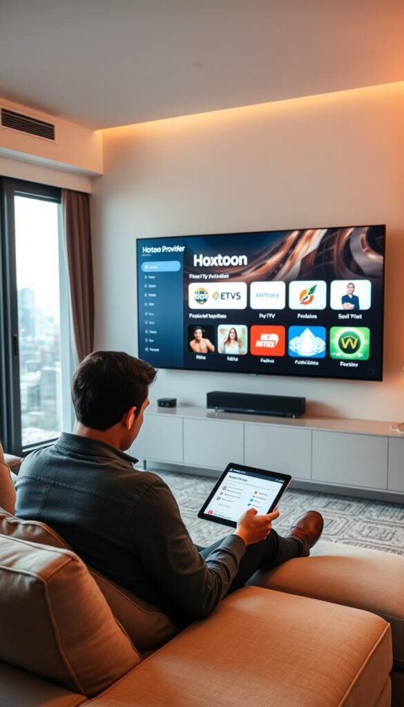 A modern living room with a large TV displaying the "Hoxtoon Provider" IPTV service interface. In the foreground, a person sitting on a comfortable couch, intently examining a tablet, considering the IPTV trial period options. Soft, warm lighting illuminates the scene, creating a cozy, inviting atmosphere. The room's decor is minimalist and stylish, with clean lines and neutral tones. Through the window, a cityscape is visible, hinting at the broader context of the IPTV service. The overall impression conveys the thoughtful, informed decision-making process of a savvy consumer evaluating an IPTV service before committing.