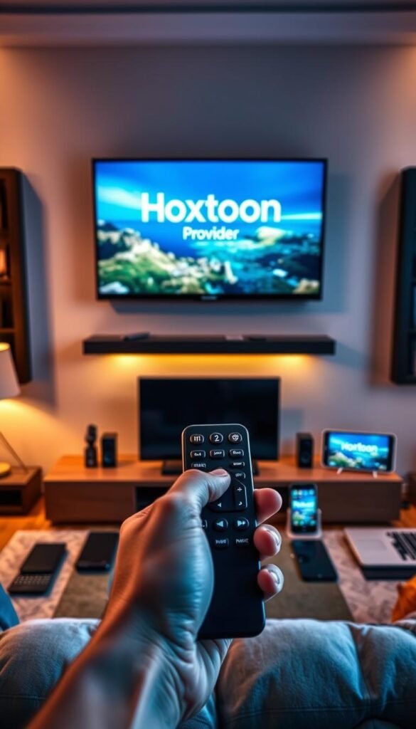 A modern living room with a large flat-screen TV mounted on the wall, surrounded by various electronic devices such as smartphones, tablets, and a laptop. In the foreground, a hand holds a remote control, symbolizing the ease of controlling the IPTV service across multiple devices. The room is well-lit, with warm and inviting lighting that creates a cozy atmosphere. In the background, the Hoxtoon Provider logo is discreetly displayed, indicating the IPTV service being used. The overall scene conveys the idea of seamless multi-device support and the convenience of accessing a wide range of IPTV channels from the comfort of one's home.