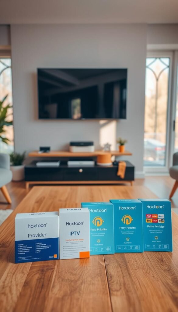 A modern living room with a large flat-screen TV mounted on the wall. In the foreground, various IPTV packages are displayed on a wooden coffee table, including the "Hoxtoon Provider" brand. The packages are showcased with clear branding, pricing details, and channel lineups. The room is filled with warm, natural lighting filtering through large windows, creating a cozy and inviting atmosphere. The overall scene conveys the convenience and appeal of IPTV services for Austrian viewers.