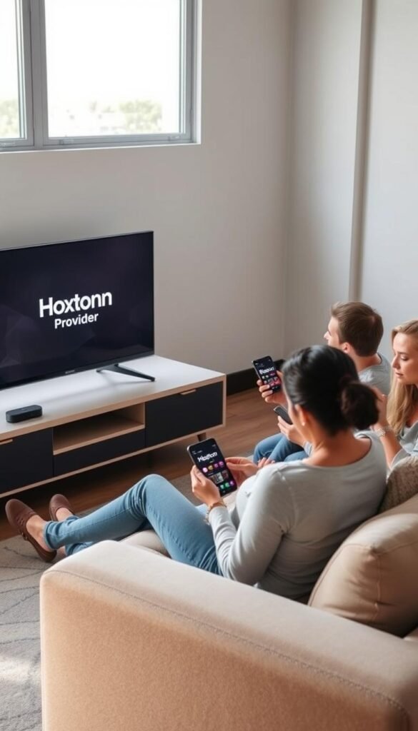 A modern living room with a minimalist aesthetic. On a sleek TV stand, a smart TV and streaming devices are connected, displaying the Hoxtoon Provider logo. Three people, representing a family, are relaxing on a plush sofa, each using a different device - a tablet, a smartphone, and a laptop - to access the Hoxtoon IPTV service simultaneously. Soft, natural lighting filters through large windows, creating a cozy and inviting atmosphere. The scene conveys the flexibility and convenience of Hoxtoon's multi-device IPTV streaming capabilities.