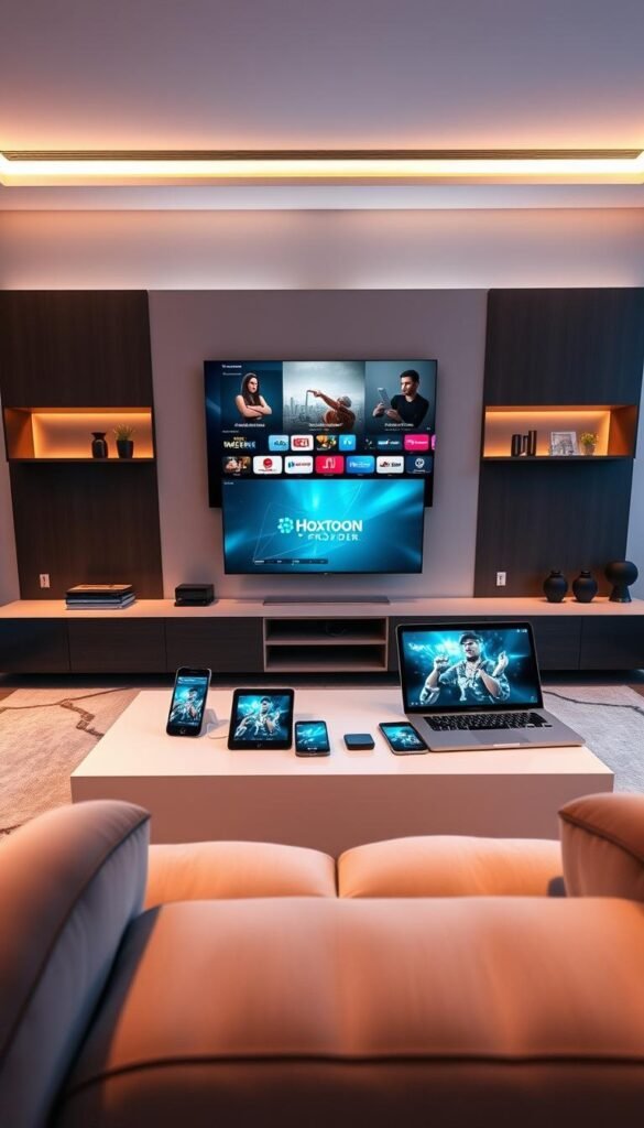 A modern living room with a sleek entertainment center, featuring multiple devices - a smart TV, a tablet, a smartphone, and a laptop - all seamlessly connected and streaming content from the Hoxtoon Provider service. The room is bathed in warm, ambient lighting, creating a cozy and inviting atmosphere. The devices are arranged in a visually appealing, symmetrical layout, showcasing the ease and convenience of multi-device streaming with Hoxtoon Provider. The room's decor is minimalist and sophisticated, with clean lines and neutral tones, allowing the technology to take center stage.
