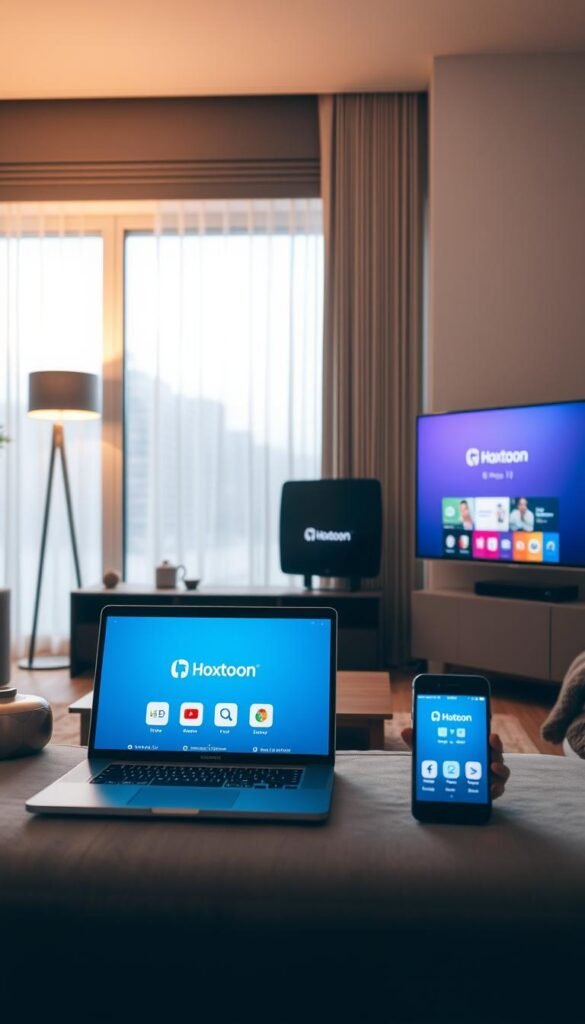 A modern living room with multiple electronic devices showcasing the Hoxtoon Provider IPTV streaming service. The scene features a large flat-screen television, a laptop, a tablet, and a smartphone, all seamlessly connected and displaying the Hoxtoon interface. Soft, diffused lighting from a floor lamp and large windows creates a warm, inviting atmosphere. The devices are arranged in a visually appealing layout, highlighting the multi-device compatibility of the Hoxtoon IPTV service. The room is stylishly furnished with contemporary decor, conveying a sense of domestic comfort and technology integration.