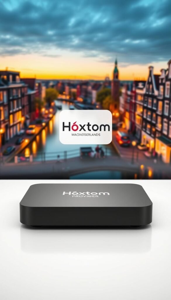 A modern, minimalist design showcasing the Hoxtoon Provider brand. In the foreground, a sleek, high-tech IPTV device sits atop a clean, white surface, its sophisticated lines and muted tones conveying a sense of premium quality. Behind it, a vibrant, vividly-colored cityscape of Amsterdam, the canals and historic architecture bathed in warm, golden lighting, representing the Netherlands and the provider's local focus. In the middle ground, a subtle gradient overlay adds depth and a subtle, cinematic feel. The overall composition and color palette evoke a sense of cutting-edge technology, reliable service, and a deep connection to the Netherlands.