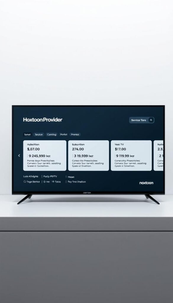 A modern, minimalist digital device display showing the Hoxtoon Provider IPTV subscription package. The display has a clean, sleek interface with bold, legible typography showcasing the various service tiers, pricing, and feature highlights. The background is a soft, muted gradient, placing the focus on the subscription details. Subtle lighting and shadows add depth and a sense of premium quality. The overall composition conveys a high-value, cost-effective IPTV solution.