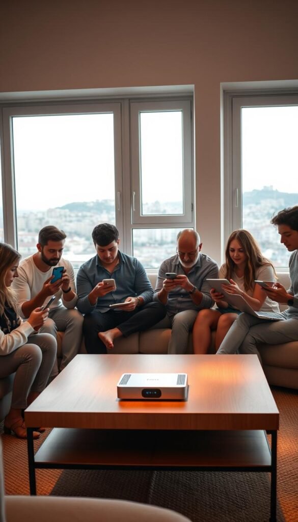 A modern, minimalist home interior with large windows. In the foreground, a group of people of various ages are gathered around a coffee table, each using a different device - a smartphone, a tablet, and a laptop. They are intently focused on their screens, watching streaming content. On the coffee table, a Hoxtoon Provider streaming box is prominently displayed. In the middle ground, the room is bathed in warm, diffused lighting, creating a cozy and inviting atmosphere. In the background, through the windows, a cityscape of Lisbon is visible, hinting at the Portuguese setting. The overall scene conveys the idea of IPTV streaming on multiple devices, with the Hoxtoon Provider as the central hub.