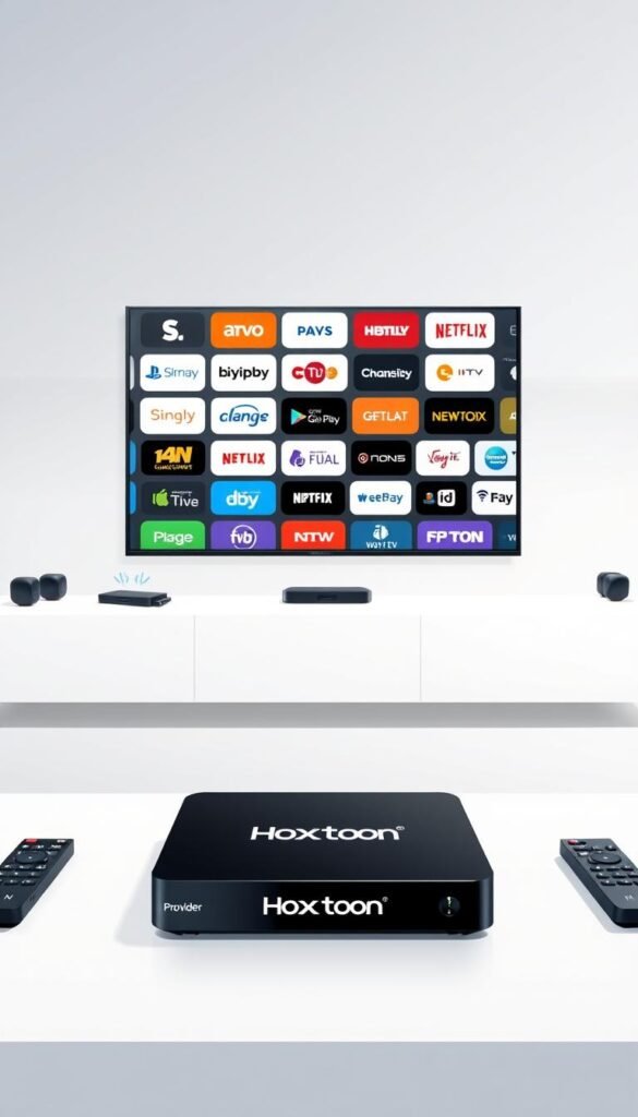 A modern, minimalist illustration depicting an IPTV setup. In the foreground, a sleek black set-top box prominently displays the "Hoxtoon Provider" logo. The box is situated on a clean, white surface, surrounded by remote controls and streaming devices. In the middle ground, a large, high-definition television screen shows a diverse array of IPTV channel logos, representing the wide selection of content available. The background features a subtle gradient, creating a sense of depth and emphasizing the digital, technological nature of the scene. The overall composition is well-balanced, with a focus on showcasing the key components of an IPTV system in a visually appealing and informative manner.