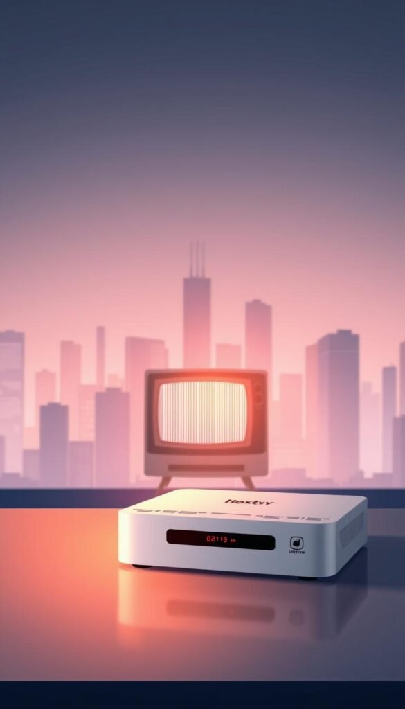 A modern, minimalist illustration depicting the contrast between traditional television and IPTV services. In the foreground, a sleek, minimalist Hoxtoon Provider set-top box, casting a warm, subtle glow. In the middle ground, a classic CRT television set, its screen flickering with analog static. In the background, a vibrant cityscape with skyscrapers, symbolizing the connectivity and technological advancements of IPTV. The scene is illuminated by a soft, diffused lighting, creating a balanced, visually appealing composition. The overall mood is one of progress and innovation, highlighting the advantages of IPTV over traditional TV.