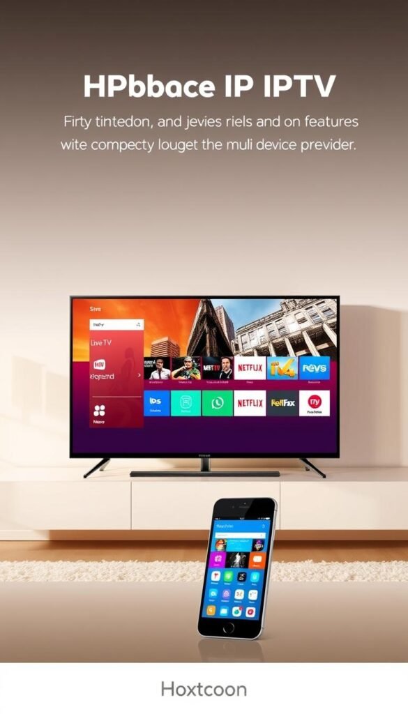 A modern, minimalist illustration of IPTV features from the perspective of a Hoxtoon Provider. In the foreground, a sleek smart TV displaying a vibrant on-screen interface with icons for live TV, on-demand content, and sports channels. In the middle ground, a tablet and smartphone showcasing the Hoxtoon mobile app, allowing seamless multi-device viewing. The background features a clean, stylized cityscape, conveying the convenience and connectivity of the Hoxtoon IPTV service. The scene is bathed in a warm, natural lighting that enhances the premium, high-tech atmosphere.