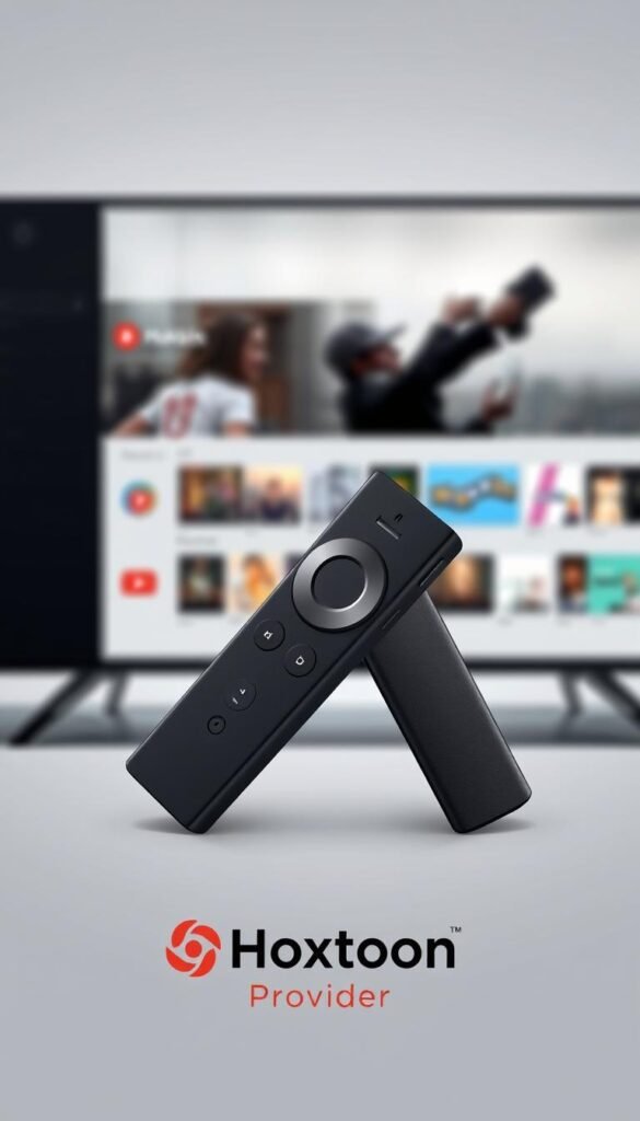 A modern, minimalist illustration of a Firestick device seamlessly connected to a Hoxtoon Provider IPTV service. The Firestick is rendered in sleek black, its remote control highlighted. In the background, a minimalist UI showcases the diverse content available, hinting at the multi-device capabilities. Soft, diffused lighting creates a calming, premium atmosphere, emphasizing the seamless integration between the hardware and the IPTV service. The composition is balanced, guiding the viewer's attention to the key elements - the Firestick and the Hoxtoon Provider branding.