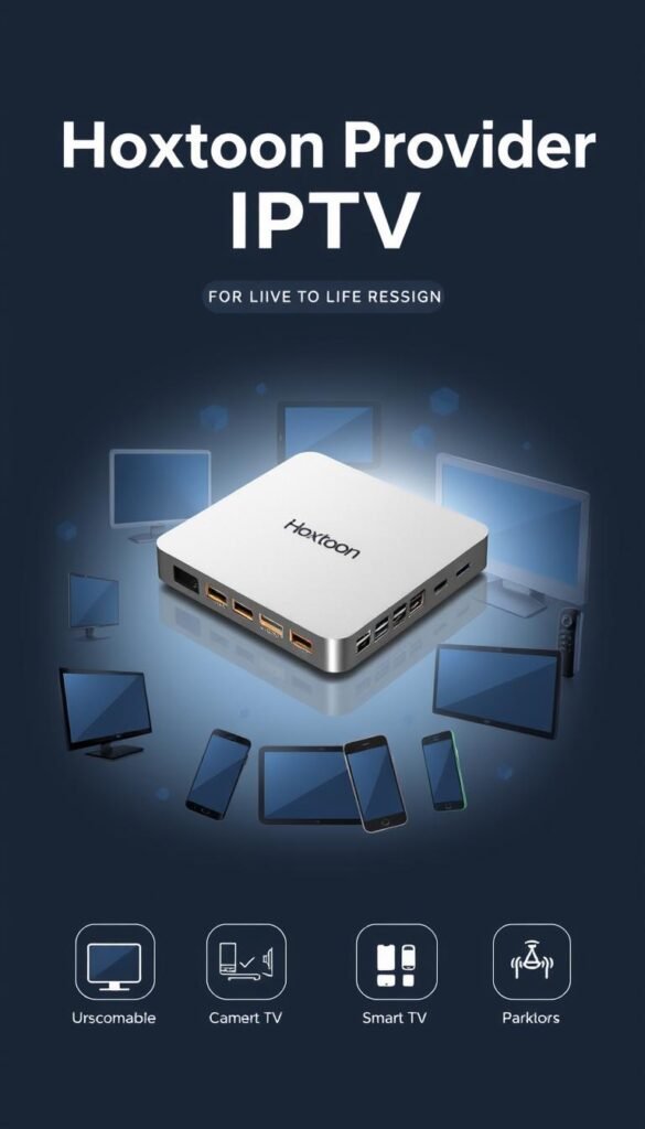 A modern, minimalist illustration of the Hoxtoon Provider IPTV lifetime deal. A sleek, metallic device with multiple device connection ports takes center stage, surrounded by a collage of compatible devices like smart TVs, tablets, and smartphones. The background features a subtle pattern of geometric shapes in shades of blue, conveying a sense of technology and connectivity. Soft, directional lighting creates depth and highlights the device's premium design. The overall tone is professional, elegant, and visually appealing, reflecting the reliability and versatility of the Hoxtoon Provider IPTV lifetime service.
