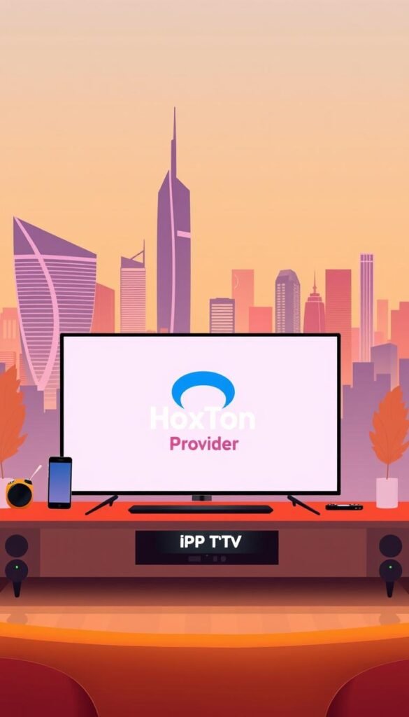 A modern, minimalist illustration showcasing IPTV services. In the foreground, a stylized TV set displays the Hoxtoon Provider logo, signifying high-quality IPTV content. The middle ground features various digital devices, such as smartphones and tablets, hinting at the versatility of IPTV across multiple platforms. The background depicts a sleek, futuristic cityscape, symbolizing the technological advancements that have made IPTV a revolutionary home entertainment solution. The scene is bathed in a warm, vibrant color palette, conveying a sense of comfort and entertainment. The overall composition is clean, balanced, and visually appealing, capturing the essence of IPTV's transformative impact on modern home entertainment.