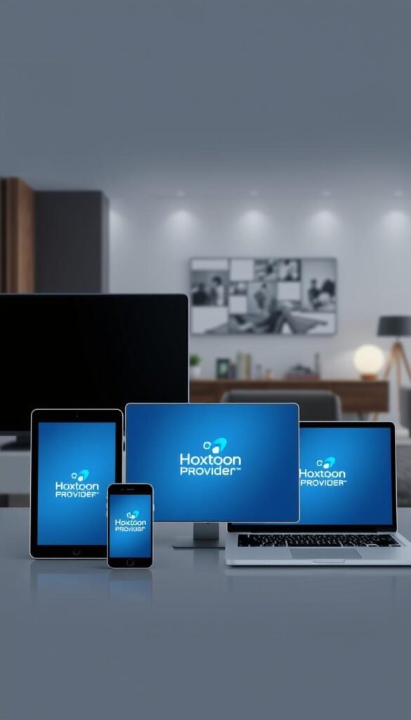 A modern, minimalist illustration showcasing the multi-device support of the Hoxtoon Provider IPTV service. In the foreground, several contemporary electronic devices - a smart TV, tablet, smartphone, and laptop - are arranged harmoniously, each displaying the Hoxtoon Provider logo. The devices are bathed in a soft, diffused lighting, creating a cohesive, premium aesthetic. The middle ground features a subtle, blurred background of a stylish, minimalist living room, hinting at the seamless integration of Hoxtoon Provider across an entire household. The overall mood is one of technological sophistication, convenience, and a sense of a connected, future-facing lifestyle.
