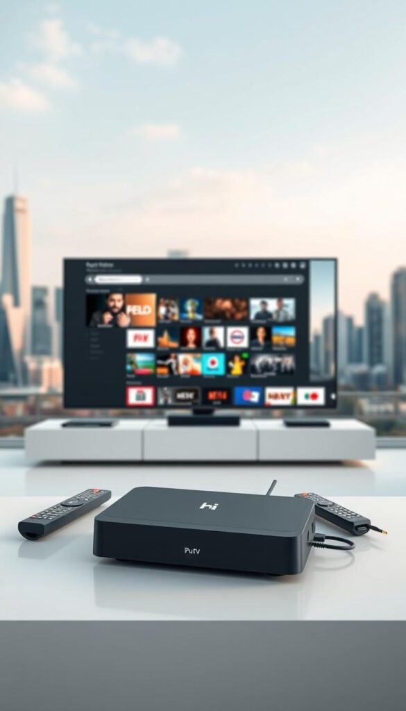A modern, minimalist landscape showcasing the Hoxtoon Provider IPTV service. In the foreground, a sleek, high-tech streaming device sits atop a clean, white surface, surrounded by a few remote controls and cable accessories. The middle ground features a large, minimalist display showing a variety of on-demand video content and live TV channels, all with a visually appealing user interface. In the background, a blurred city skyline with skyscrapers and modern architecture creates a sense of urban connectivity, hinting at the global reach and accessibility of the Hoxtoon Provider IPTV service. The overall mood is one of simplicity, efficiency, and technological advancement, capturing the essence of an affordable, high-quality IPTV solution.