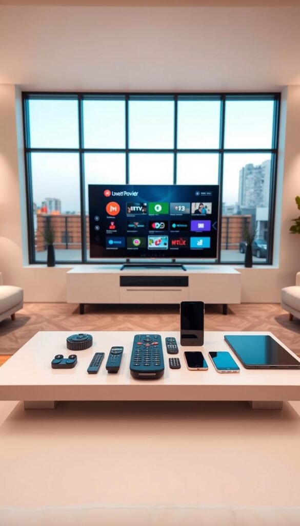 A modern, minimalist living room with a large TV screen displaying the Hoxtoon Provider IPTV service interface. The room is bathed in warm, diffused lighting, creating a cozy and inviting atmosphere. In the foreground, a sleek, contemporary coffee table holds a range of remote controls, smartphones, and tablets, representing the multi-device support offered by the Hoxtoon Provider service. The middle ground features a comfortable sofa and armchair, suggesting the ease of accessing content from various devices. The background showcases large windows, allowing natural light to filter in and providing a sense of openness and connectivity to the outside world, mirroring the global accessibility of the IPTV service.