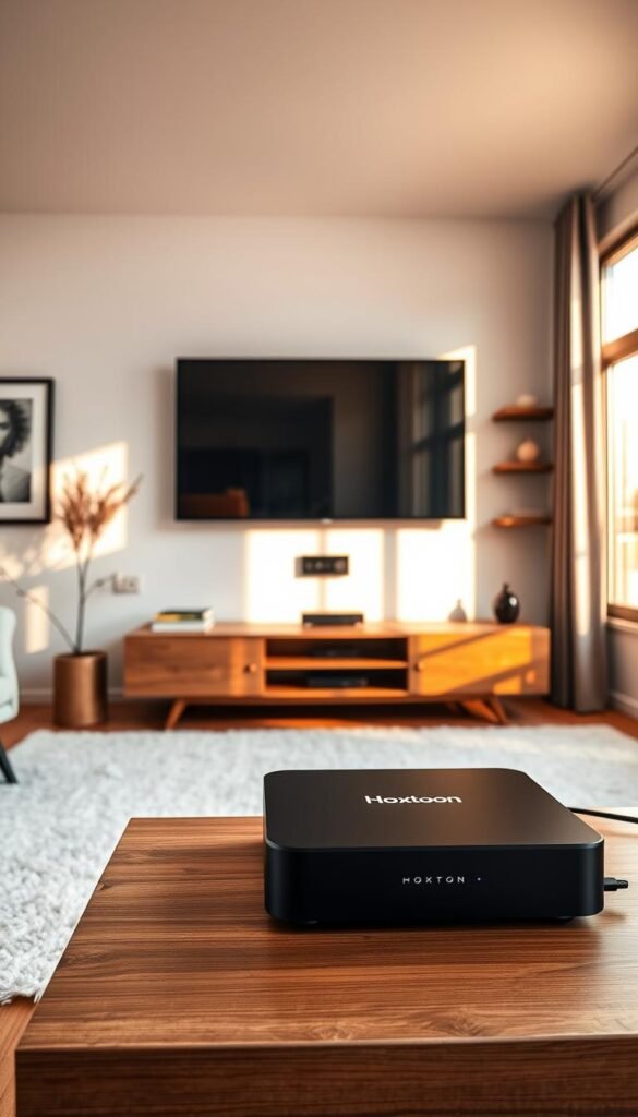 A modern, minimalist living room with a large flatscreen TV mounted on the wall. In the foreground, a sleek, black set-top box labeled "Hoxtoon Provider" sits on a minimalist wooden TV stand, connected to the TV via HDMI. The room is bathed in warm, natural lighting filtering in through large windows, creating a cozy and inviting atmosphere. On the walls, framed art and decorative shelves add visual interest. The overall scene conveys the benefits of a multiroom IPTV solution - a seamless, integrated home entertainment system that is both aesthetically pleasing and technologically advanced.