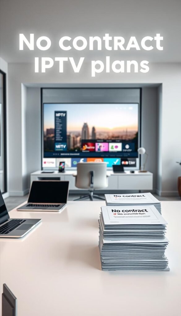 A modern, minimalist office scene showcasing the "no contract IPTV plans" offered by the Hoxtoon Provider. In the foreground, a sleek, minimalist desk with a laptop, tablet, and other tech accessories. On the desk, a stack of documents or brochures highlighting the "no contract" and "no commitment" IPTV plans. The middle ground features a comfortable chair and a large, frameless monitor displaying the Hoxtoon Provider's website or app interface. The background has clean, neutral-toned walls, with a large window letting in natural light and providing a view of a cityscape or serene outdoor landscape. The overall mood is professional, modern, and inviting, conveying the reliability and flexibility of Hoxtoon's IPTV services.