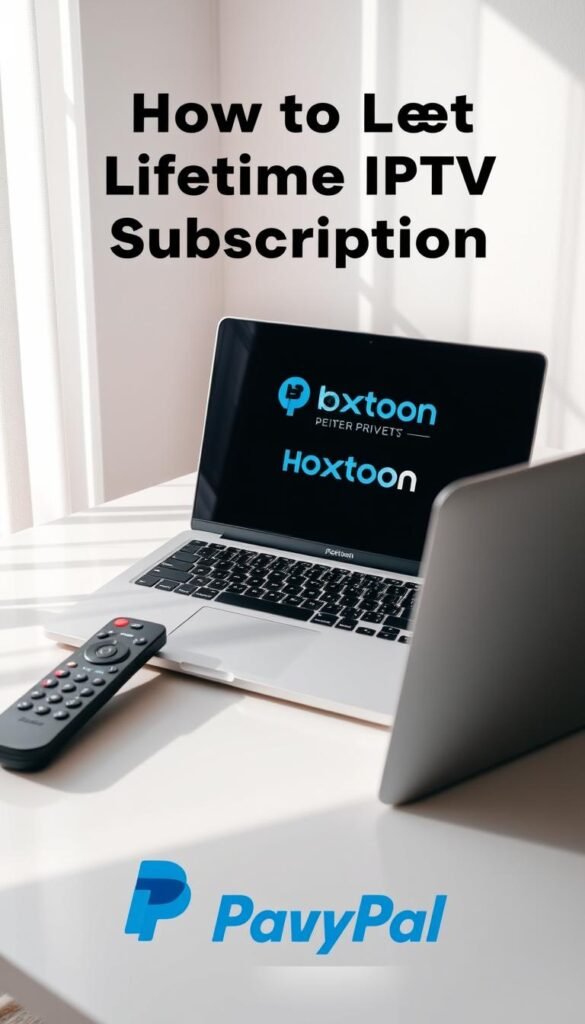 A modern, minimalist workspace with a laptop, remote control, and IPTV service setup visible. Soft, natural lighting illuminates the scene, creating a calm and professional atmosphere. The Hoxtoon Provider logo is prominently displayed on the laptop screen, indicating the IPTV service being used. The overall composition emphasizes the ease and convenience of setting up a lifetime IPTV subscription through PayPal, ready for the user to enjoy.