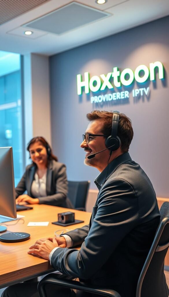 A modern office setting with a customer service agent assisting an IPTV subscriber. The agent, dressed in a smart casual outfit, is sitting at a desk with a computer and headset, providing attentive support. In the background, the Hoxtoon Provider logo is prominently displayed on the wall, conveying a sense of professionalism and reliability. Soft, warm lighting illuminates the scene, creating a welcoming atmosphere. The subscriber, shown in a medium shot, appears satisfied and engaged, reflecting the quality of the customer service experience.