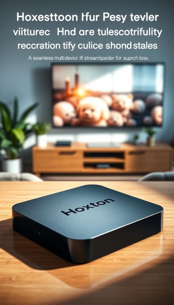 A modern, sleek Android TV box with the Hoxtoon Provider IPTV lifetime subscription logo prominently displayed on the front panel. The device is placed on a minimalist, wooden table, casting subtle shadows. Soft, directional lighting illuminates the box, highlighting its clean lines and premium materials. In the background, a blurred, cozy living room setting with a large, wall-mounted TV and potted plants creates a comfortable, homely atmosphere. The overall scene conveys the idea of a seamless, multi-device streaming experience for the entire household.
