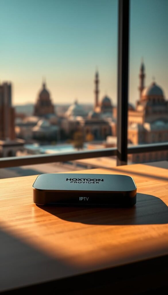 A modern, sleek Arabic IPTV device with the Hoxtoon Provider logo prominently displayed. The device is situated on a minimalist, wood-grain desk, bathed in warm, directional lighting that casts dramatic shadows. In the background, a blurred cityscape with iconic Middle Eastern architecture. The scene conveys a sense of premium quality, reliability, and the convenience of a lifetime subscription to an Arabic IPTV service.