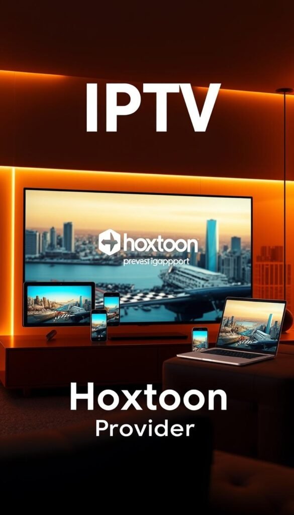 A modern, sleek IPTV interface showcasing the multi-device support of the Hoxtoon Provider service. A large, high-resolution display dominates the center, depicting various compatible devices - a smart TV, a tablet, a smartphone, and a laptop - all seamlessly connected and streaming content. The background features a subtle, blurred cityscape, hinting at the widespread accessibility of the IPTV service. Warm, vibrant lighting illuminates the scene, creating a sense of technological sophistication and user-friendly experience. The Hoxtoon Provider logo is prominently displayed, emphasizing the brand's capabilities in delivering a seamless, cross-platform IPTV solution.