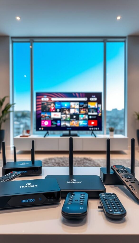 A modern, sleek IPTV setup with the Hoxtoon Provider brand prominently displayed. The foreground features various streaming devices, remote controls, and a state-of-the-art router. The middle ground showcases a large, high-definition television displaying vibrant, cutting-edge IPTV content. The background depicts a minimalist, well-lit interior design with large windows, conveying a sense of technological sophistication and the future of home entertainment. The overall scene exudes a vibe of progress, innovation, and the seamless integration of IPTV technology into the contemporary living space.