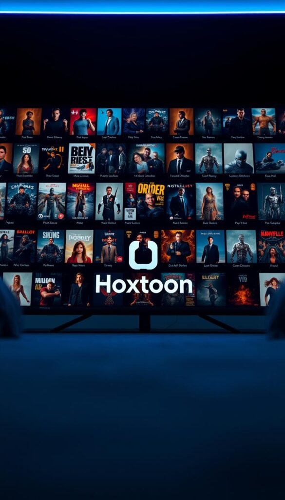 A modern, sleek IPTV streaming platform with a sophisticated user interface. The scene depicts the Hoxtoon Provider's on-demand content library, showcasing a visually stunning grid of movie and TV show thumbnails against a dark background, bathed in warm, cinematic lighting. The camera angle is slightly low, conveying a sense of immersion and highlighting the depth and breadth of the 150,000+ VOD catalog. The platform's branding is subtly present, with the Hoxtoon logo prominently displayed in the center of the frame. The overall mood is one of high-quality, cinematic entertainment, inviting the viewer to explore the vast array of content available at their fingertips.