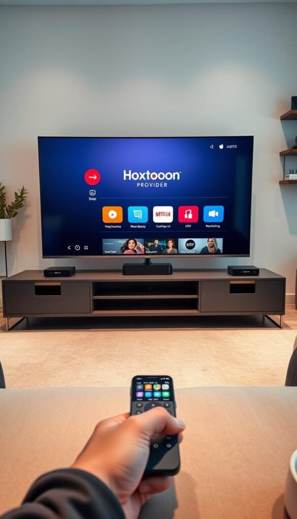 A modern, sleek living room setting with a large flatscreen TV displaying the Hoxtoon Provider service interface. The TV is flanked by two contemporary Scandinavian-style end tables, each with a premium streaming device. Soft, indirect lighting creates a warm, inviting atmosphere. In the foreground, a high-end remote control and a smartphone are positioned, showcasing the multi-device compatibility of the Hoxtoon Provider IPTV service. The background features minimalist Scandinavian decor elements, such as a potted plant and a stylish wall-mounted shelf. The overall scene conveys a sense of premium quality, technological sophistication, and seamless, multi-screen entertainment experience.